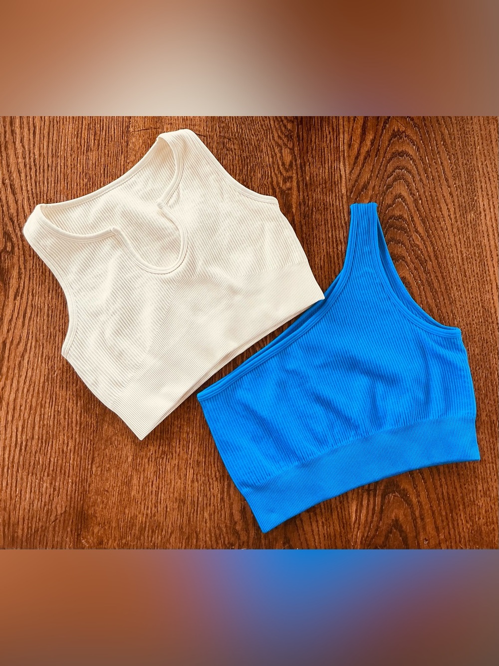 Two Ribbed Sport Bralettes - Royal Blue and cream